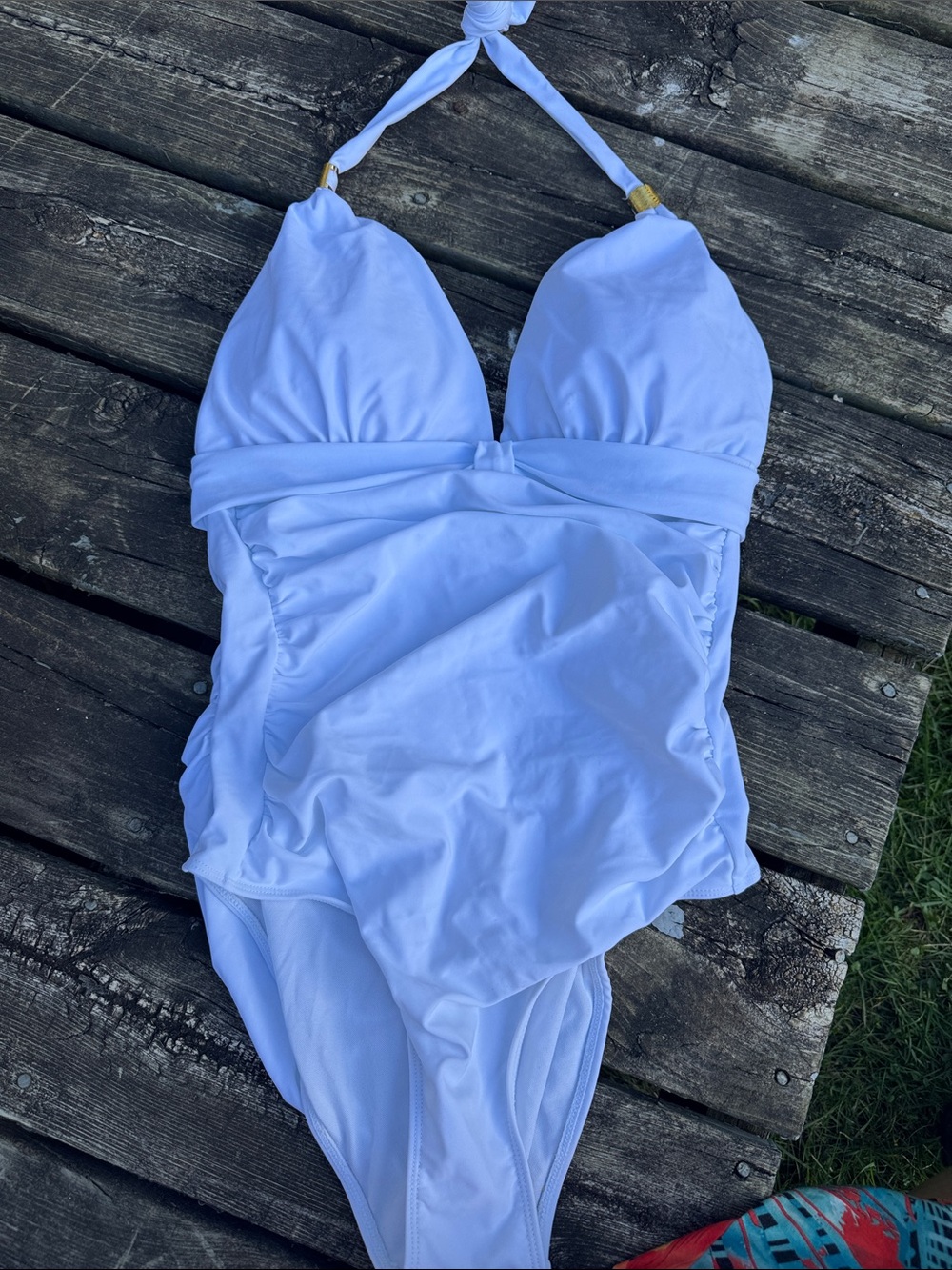 Sexy White Halter One-Piece Swimsuit with Ruched Waist